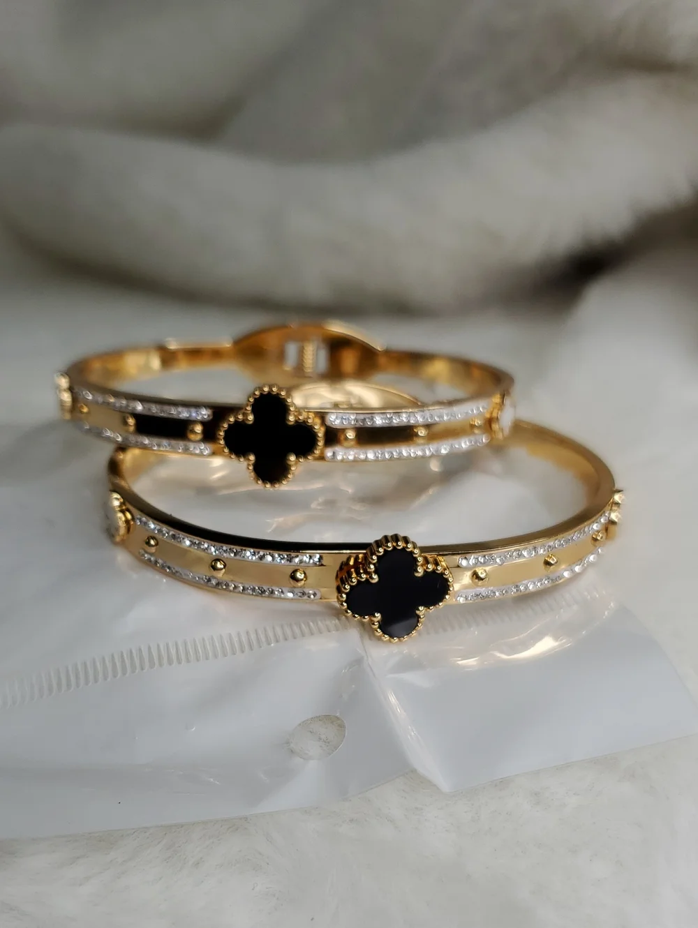 2 Gold Plated Women's Bangle Bracelet with Black Clover Accent